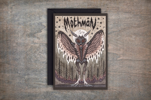 Mothman Greetings Card & Envelope - Creepy Cryptids Card - Spooky Moth Man Folklore Card - Folk Horror Monster Lover Cryptozoology Gift