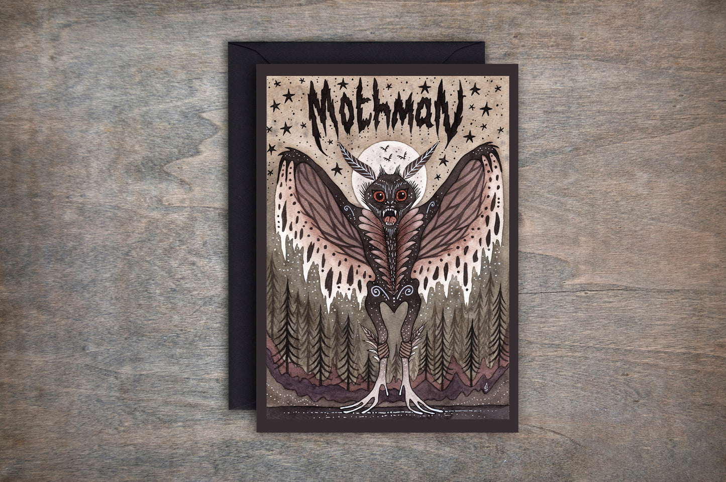 Mothman Greetings Card & Envelope - Creepy Cryptids Card - Spooky Moth Man Folklore Card - Folk Horror Monster Lover Cryptozoology Gift