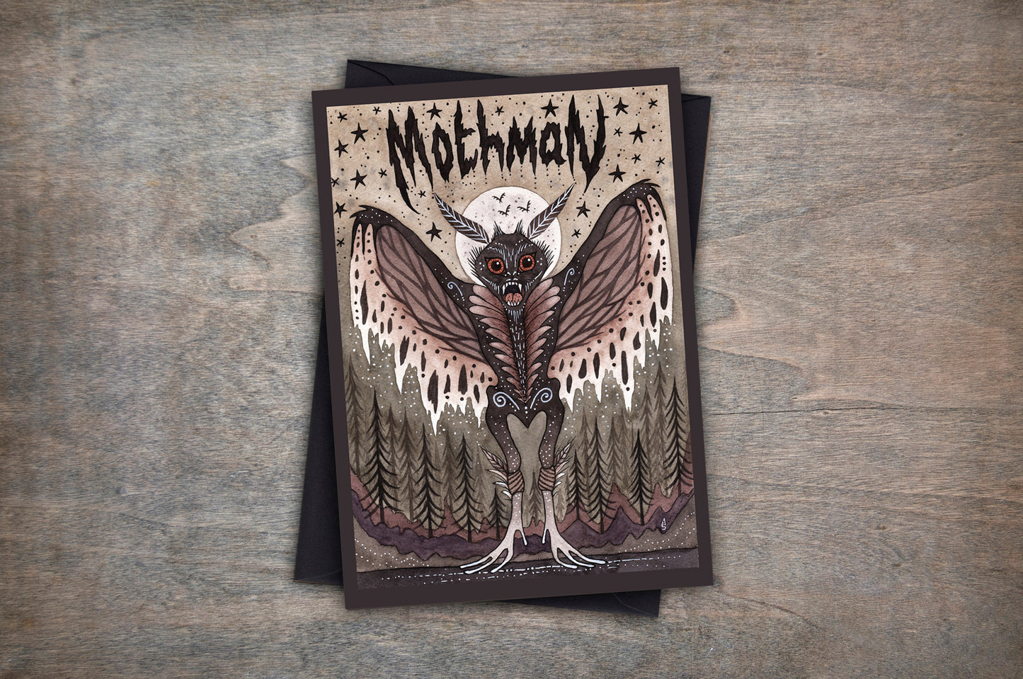 Mothman Greetings Card & Envelope - Creepy Cryptids Card - Spooky Moth Man Folklore Card - Folk Horror Monster Lover Cryptozoology Gift