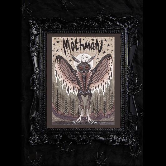 Mothman Print - Creepy Cryptid A5 - A4 - A3 Handpainted Watercolour Grey Folklore Art - Spooky Moth Man Horror Monster Cryptozoology Décor