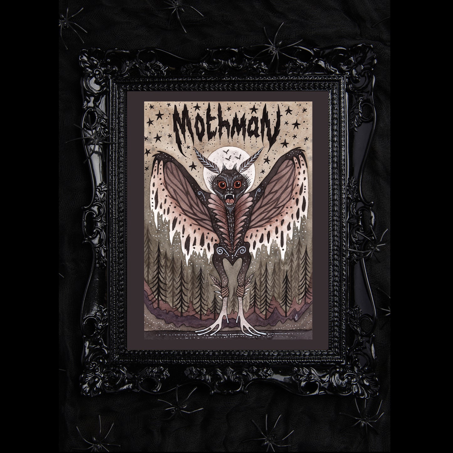Mothman Print - Creepy Cryptid A5 - A4 - A3 Handpainted Watercolour Grey Folklore Art - Spooky Moth Man Horror Monster Cryptozoology Décor