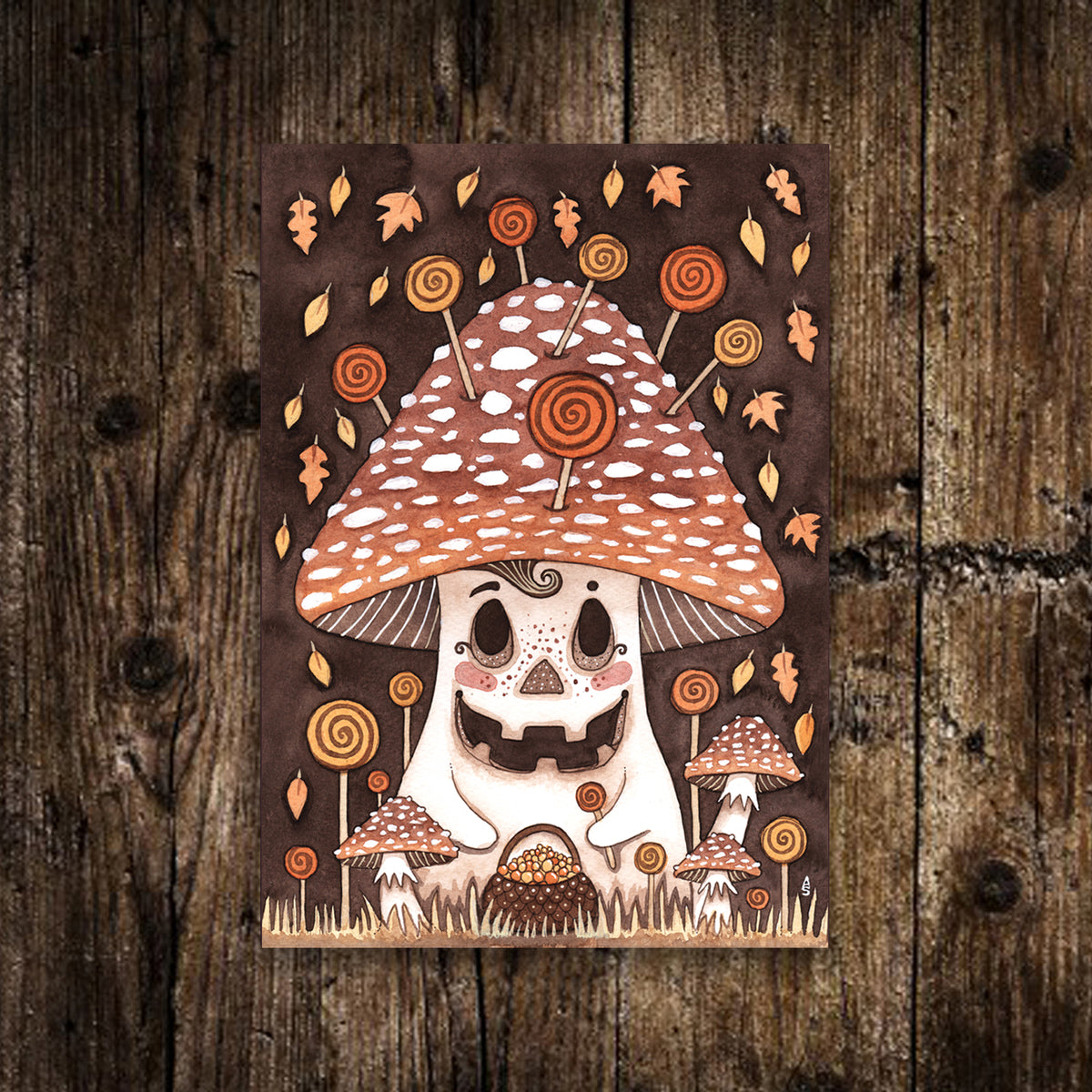 Mini Mushkin Print - Small A6 Halloween Toadstool Illustration - Mini Trick Or Treat Postcard Print - Whimsical Halloween Mushroom Art