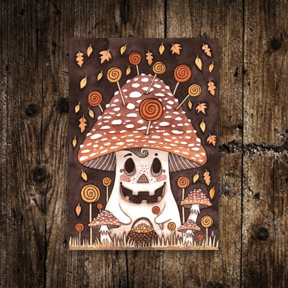 Mini Mushkin Print - Small A6 Halloween Toadstool Illustration - Mini Trick Or Treat Postcard Print - Whimsical Halloween Mushroom Art