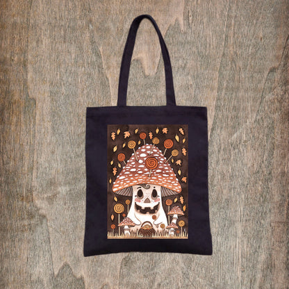 Mushkin Black Tote Bag - Halloween Toadstool Fair Trade Cotton Bag - Whimsical Halloween Mushroom Bag - Trick Or Treat Shopping Tote