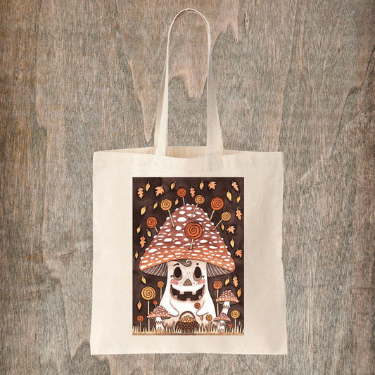 Mushkin Natural Tote Bag - Halloween Toadstool Fair Trade Cotton Bag - Whimsical Halloween Mushroom Bag - Trick Or Treat Shopping Tote