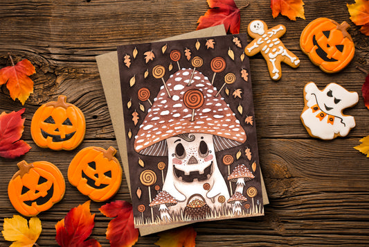 Mushkin Greetings Card & Envelope - Whimsical Halloween Toadstool Illustrated Card - Autumn Mushroom Trick Or Treat Card