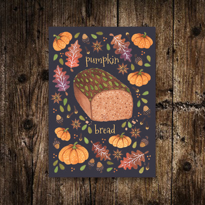 Mini Pumpkin Bread Print - Small A6 Cosy Autumn Baking Illustration - Whimsical Pumpkin Spiced Loaf Postcard Art
