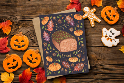 Pumpkin Bread Greetings Card & Envelope - Pumpkin Spice Baking Autumn Falling Leaves Card - Cosy Autumn Fall Greetings Card