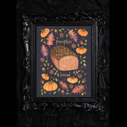 Pumpkin Bread Print - A5 - A4 - A3 Whimsical Pumpkin Spice Illustration Print - Autumn Leaves Acorn Fall Spices Baking Halloween Decor