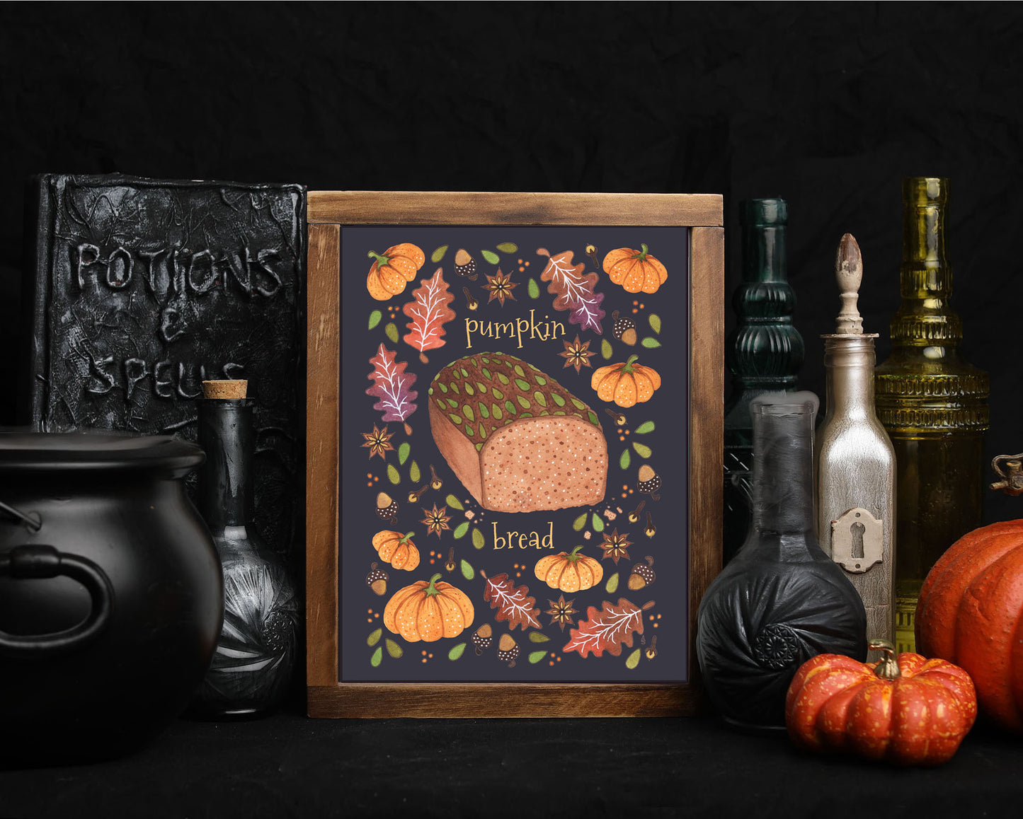 Pumpkin Bread Print - A5 - A4 - A3 Whimsical Pumpkin Spice Illustration Print - Autumn Leaves Acorn Fall Spices Baking Halloween Decor