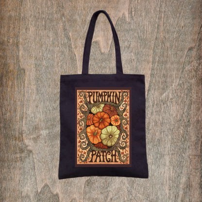 Pumpkin Patch Black Tote Bag - Cosy Pumpkins Fair Trade Cotton Bag - Whimsical Halloween Bag - Autumn Pumpkins Shopping Tote