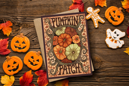 Pumpkin Patch Greetings Card & Envelope - Cosy Pumpkins Illustrated Card - Whimsical Autumn Halloween Card
