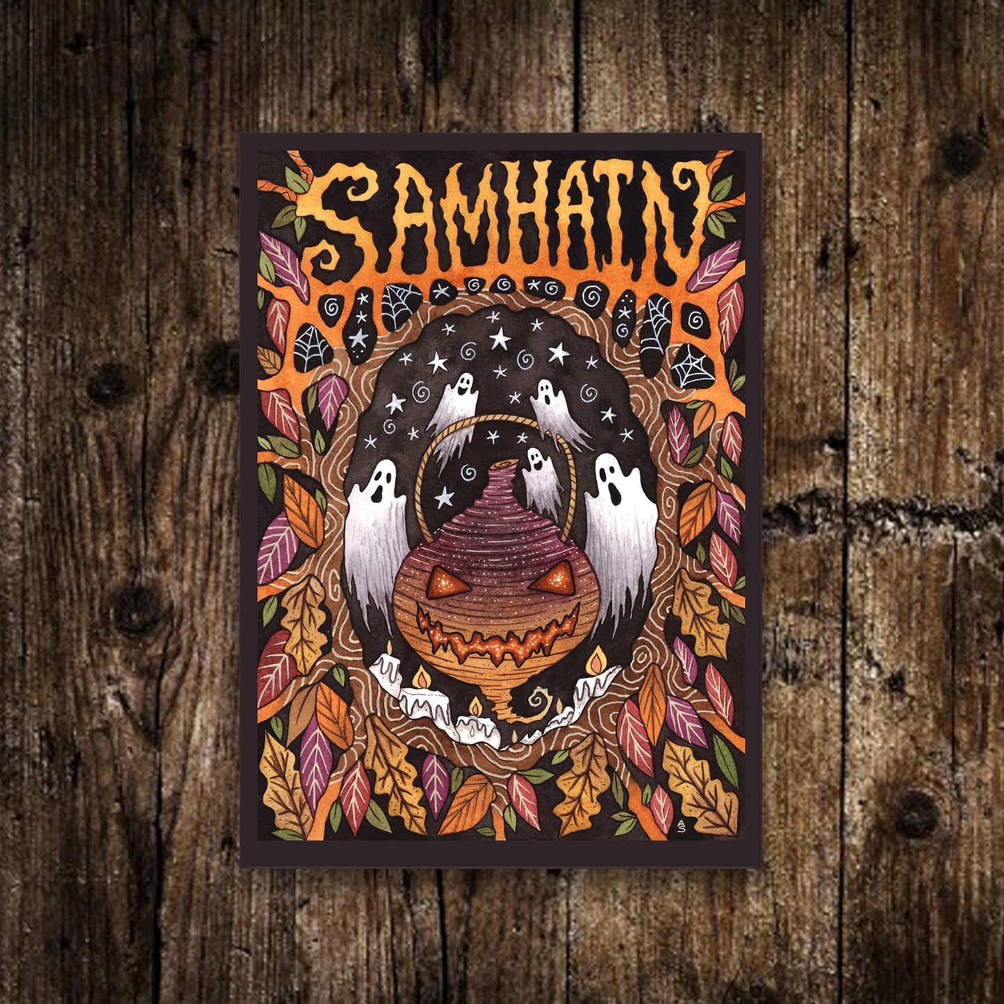 Mini Samhain Print - Small A6 Pagan Halloween Turnip Jack O Lantern Illustration - Spooky Halloween All Hallows' Eve Autumn Leaves Postcard Art