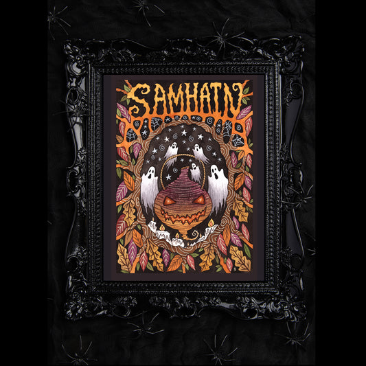 Samhain Print - Pagan Halloween All Hallows' Eve Turnip Jack-O-Lantern A5 - A4 - A3 Spooky Ghosts Autumn Leaves Wall Art Decoration