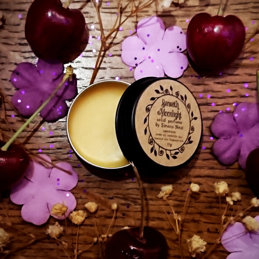 Beneath Moonlight Solid Perfume - Romantic Spring Collection Solid Fragrance Tin - Rhubarb, Dark Spices, Leather, Almond, Incense & Vanilla Sweet & Spicy Vegan Perfume Blend