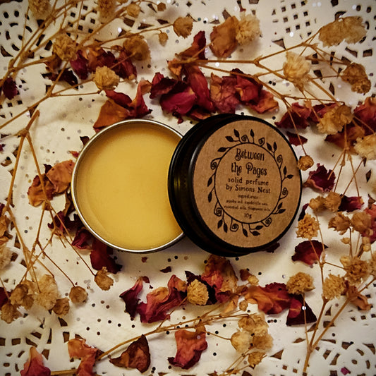Between the Pages Solid Perfume - Spring Literary Collection Solid Fragrance Tin - Leather Bound Books, Salted Caramel, Buttered Rum, Cedarwood, Woodsmoke & Benzoin - Gourmand & Woodsy Vegan Oil Blend