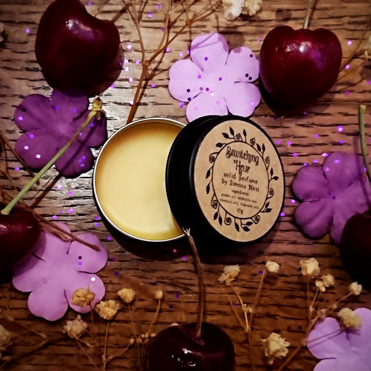 Bewitching Hour Solid Perfume - Romantic Spring Collection Solid Fragrance Tin - Black Cassis, Rose, Cherry Blossom, Peach, Lily, Neroli, Immortelle Flower, Warm Vanilla & Precious Woods Floral Vegan Perfume Blend