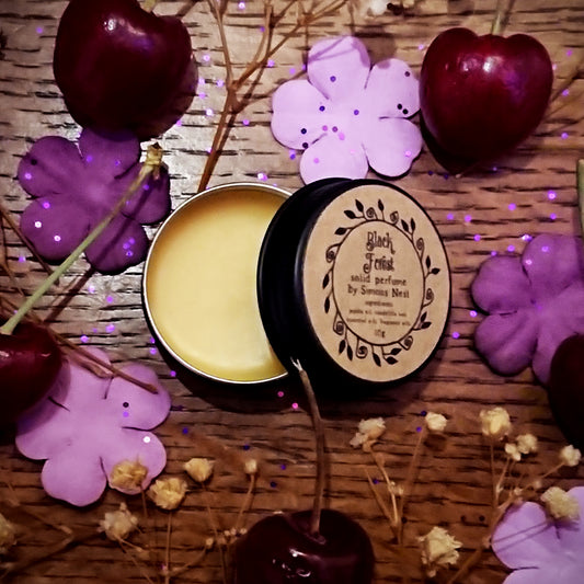 Black Forest Solid Perfume - Romantic Spring Collection Solid Fragrance Tin - Black Cherry, Dark Chocolate, Vanilla Cream & Mysterious Woods Gourmand Vegan Perfume Blend