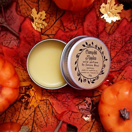 Campfire Apples Solid Perfume - Autumn Halloween Spiced Red Apple Autumn Leaves Marshmallow & Caramel Solid Fragrance Tin - Spicy Gourmand Vegan Perfume Blend