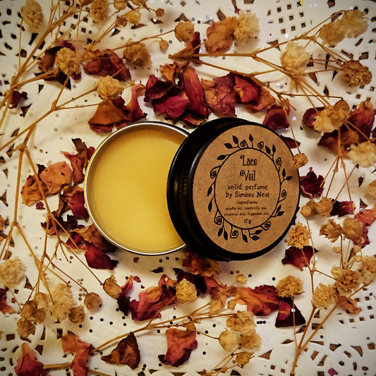 Lace Veil Solid Perfume - Spring Literary Collection Solid Fragrance Tin - White Tea, Seed Cake, Dried Flowers, Leather Bound Books, Woodsmoke & Vanilla - Gourmand, Spicy & Earthy Vegan Oil Blend