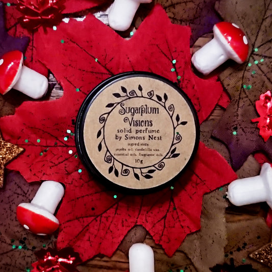 Sugarplum Visions Solid Perfume - Festive Winter Fruity Solid Fragrance Tin - Sugarplum Raspberry Bergamot Black Cherry Star Anise & Almond Gourmand Vegan Perfume Blend