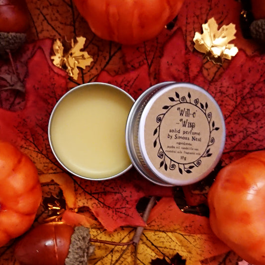 Will-o-Wisp Solid Perfume - Autumn Halloween Almond Hazelnut Clove Incense Vanilla Solid Fragrance Tin - Spooky Gourmand Vegan Perfume Blend