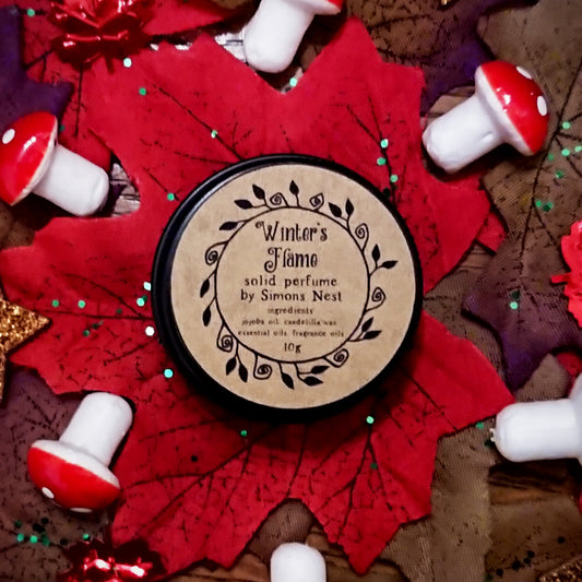 Winter's Flame Solid Perfume - Festive Winter smoky spicy Solid Fragrance Tin - Log Fire Cedarwood Bay Fir Needle Woodsy Smoky Vegan Perfume Blend