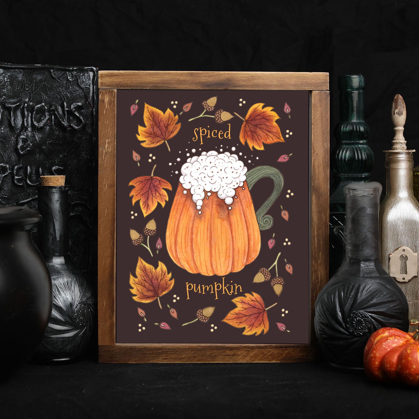 Spiced Pumpkin Print - A5 - A4 - A3 Pumpkin Spice Latte Mug Illustration Print - Autumn Leaves Fall Halloween PSL Spice Whimsical Decor