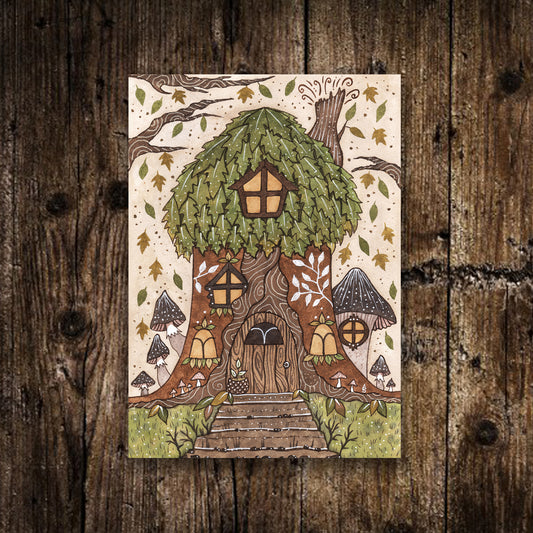 Mini Tree House Print - Small A6 Whimsical Forest Cottage House Illustration - Green Leaves Mushroom Cosy Woodland House Print