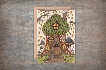 Tree House Greetings Card & Envelope - Whimsical Forest Cottage House Card - Forest Nature Folk House Card - Green Leaves Mushroom Cosy Woodland House Gift