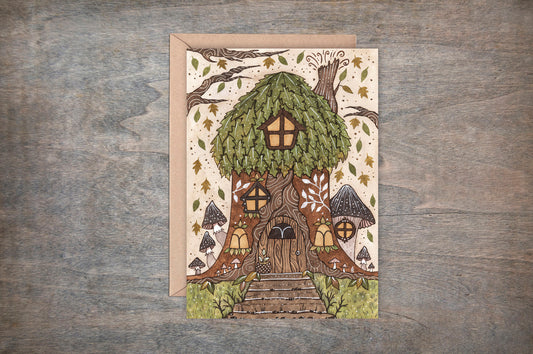 Tree House Greetings Card & Envelope - Whimsical Forest Cottage House Card - Forest Nature Folk House Card - Green Leaves Mushroom Cosy Woodland House Gift
