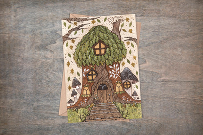 Tree House Greetings Card & Envelope - Whimsical Forest Cottage House Card - Forest Nature Folk House Card - Green Leaves Mushroom Cosy Woodland House Gift