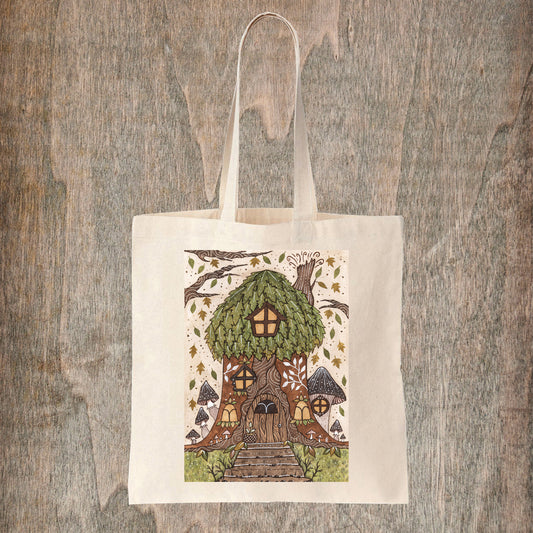 Tree House Natural Tote Bag - Whimsical Forest Cottage House Fair Trade Cotton Bag - Green Leaves Mushroom Cosy Woodland House Shopping Tote