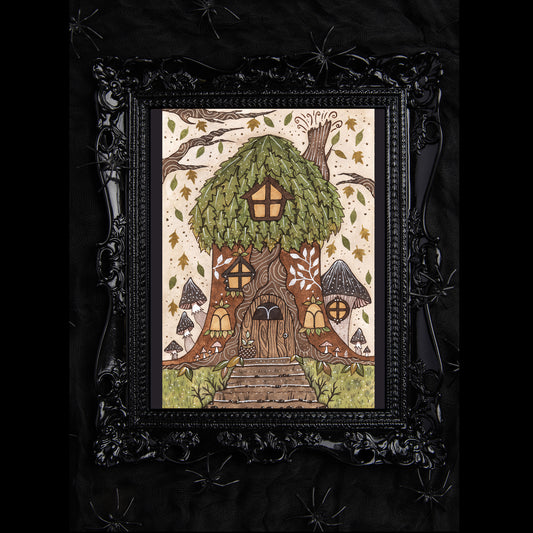Tree House Print - Whimsical Forest Cottage House A5 - A4 - A3 Handpainted Watercolour Art - Green Leaves Mushroom Cosy Woodland House Wall Art Decor