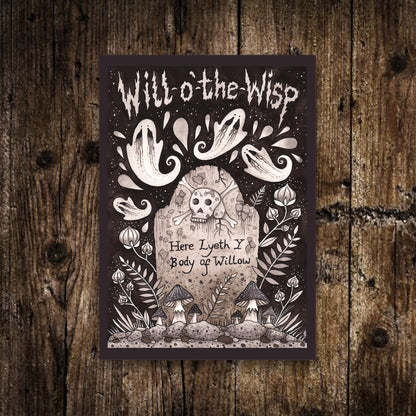 Mini Will-o'-the-Wisp Print - Small A6 Spooky Graveyard Ghost Illustration - Gothic Memento Mori Halloween Postcard Art