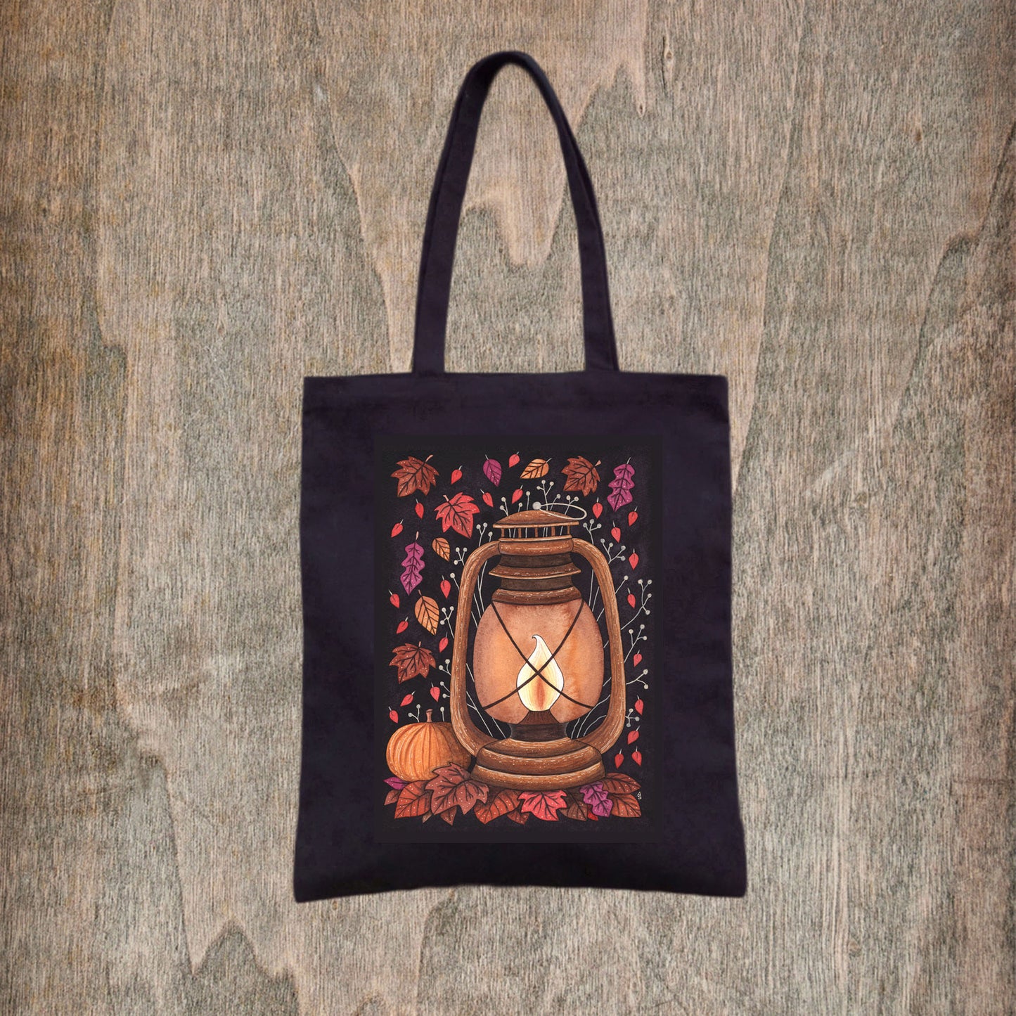 Winter's Flame Black Tote Bag - Cosy Autumn Winter Lantern Bag - Autumn Leaves Purple Red Grocery Shopping Bag