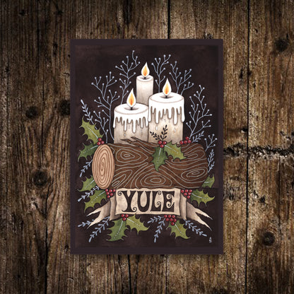 Mini Yule Candles Print - Small A6 Pagan Winter Yule Log Illustration - Whimsical Traditional Christmas Postcard Art