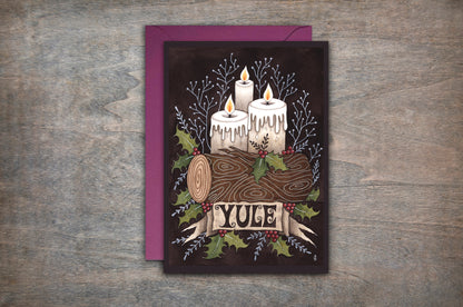 Yule Candles Greetings Card & Envelope - Yuletide Pagan Winter Christmas Card - Yule Log, Holly Leaves & Berries Traditional Seasonal Greetings Card