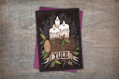 Yule Candles Greetings Card & Envelope - Yuletide Pagan Winter Christmas Card - Yule Log, Holly Leaves & Berries Traditional Seasonal Greetings Card