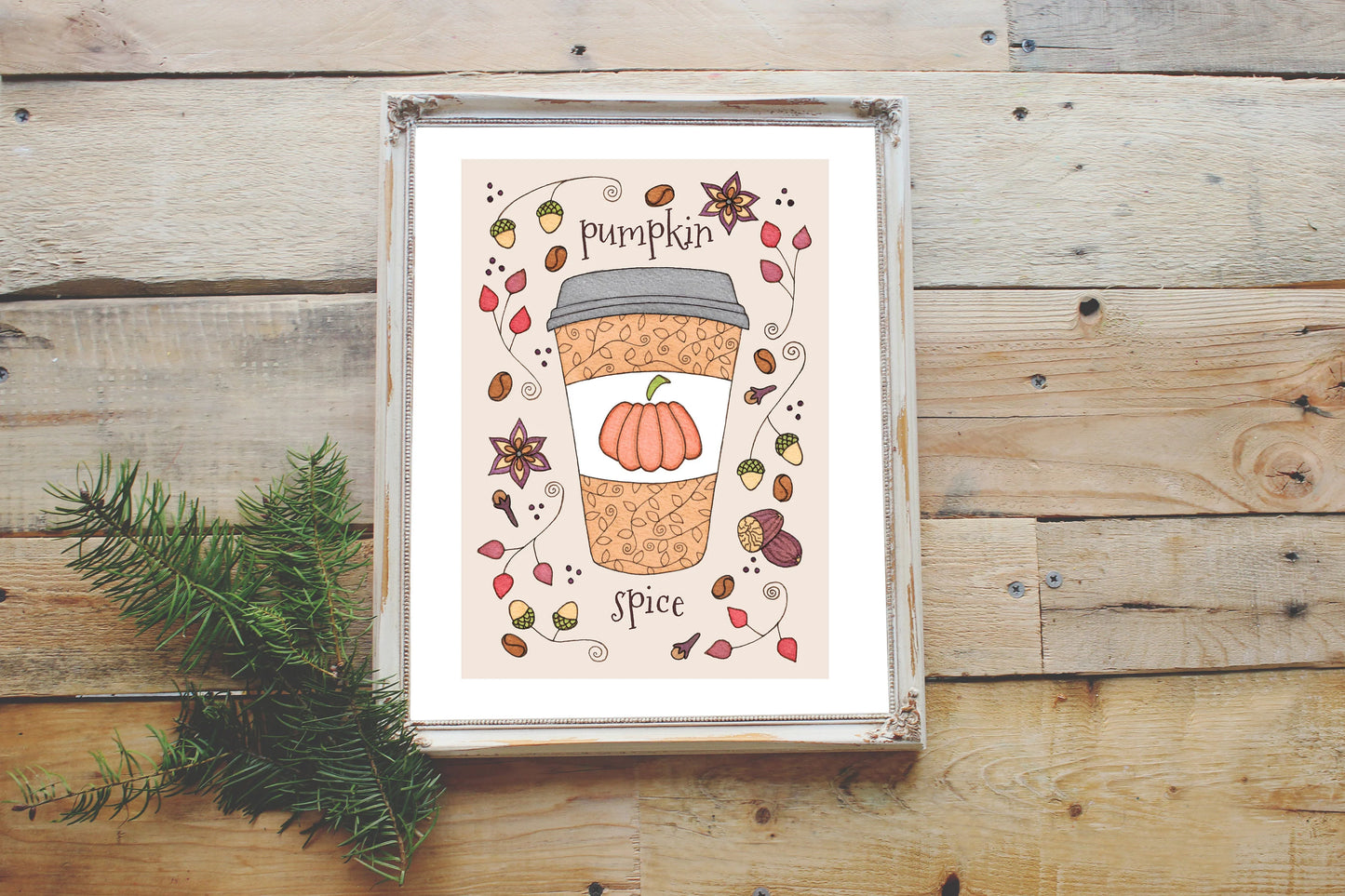 Pumpkin Spice Print - A5 - A4 - A3 Pumpkin Spice Latte Coffee Illustration Print - Autumn Fall Halloween Spice Whimsical Food Decor Wall Art