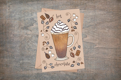 Hot Chocolate Greetings Card & Envelope - Whimsical Cosy Cocoa Marshmallow Winter Christmas Card - Coffee Shop Cup Caffeine Lovers Card