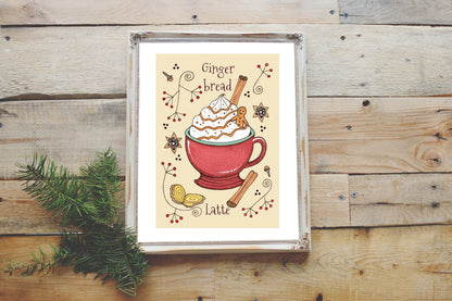 Gingerbread Latte Print - A5 - A4 - A3 Spiced Ginger Coffee Shop Illustration Print - Autumn Winter Christmas Whimsical Food Decor Wall Art
