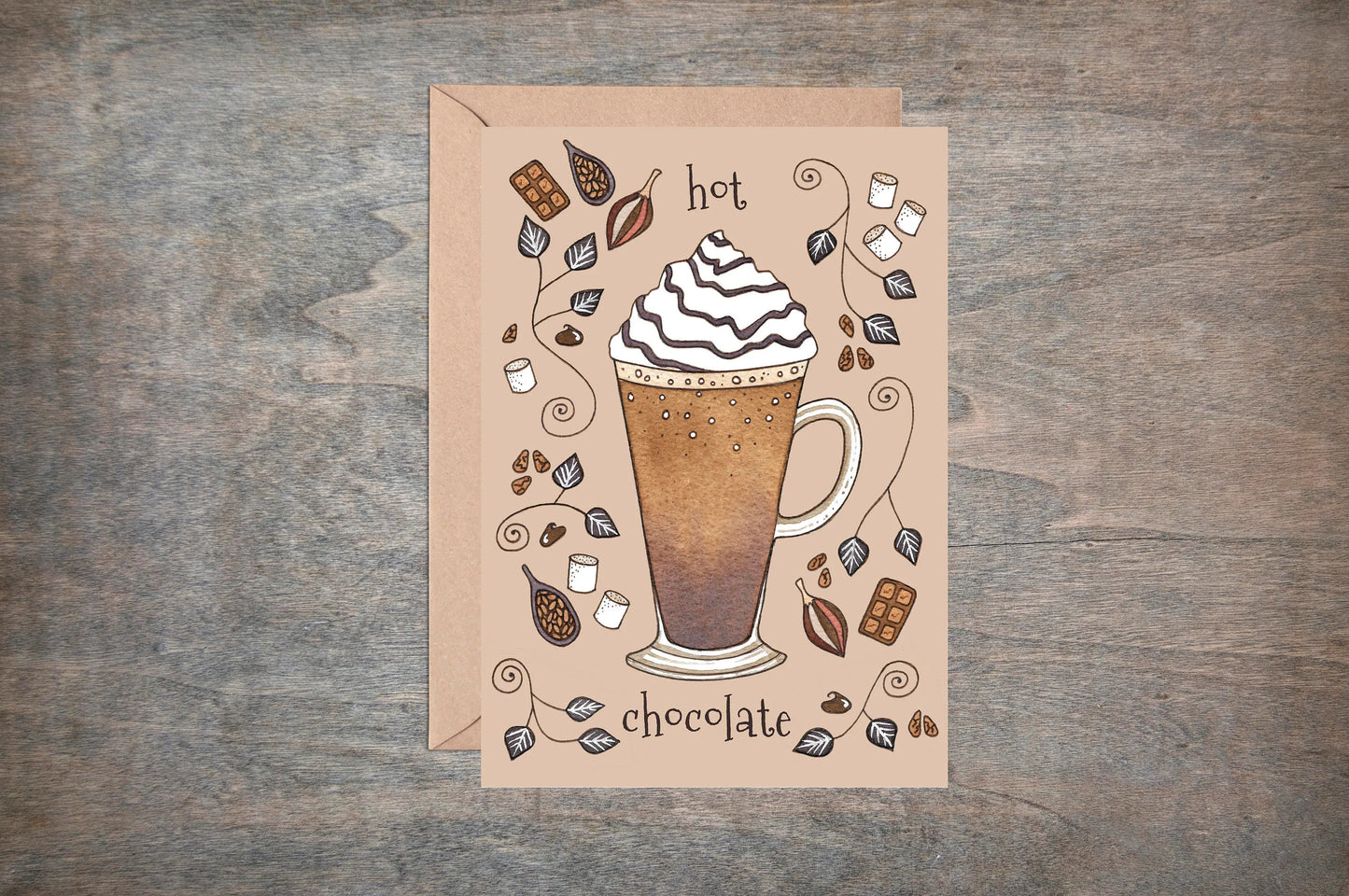 Hot Chocolate Greetings Card & Envelope - Whimsical Cosy Cocoa Marshmallow Winter Christmas Card - Coffee Shop Cup Caffeine Lovers Card