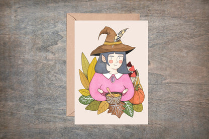 Hedgewitch Greetings Card & Envelope - Hazel The Hedge Witch Illustrated Card - Witchy Pagan Wiccan Gothic Birthday Halloween Solstice Card