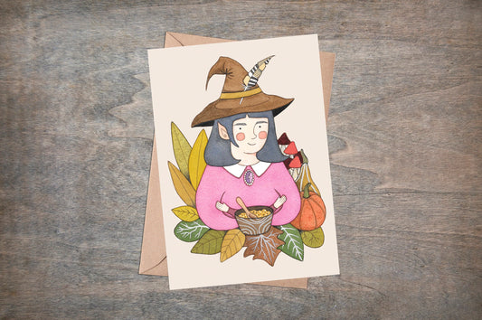 Hedgewitch Greetings Card & Envelope - Hazel The Hedge Witch Illustrated Card - Witchy Pagan Wiccan Gothic Birthday Halloween Solstice Card