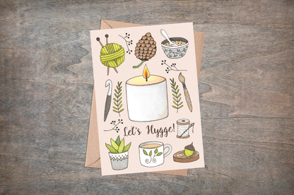 Hygge Greetings Card & Envelope - Let's Hygge! Cosy Danish Nordic Scandi Inspired Illustrated Card - Nature Candles Knitting Crochet Sewing