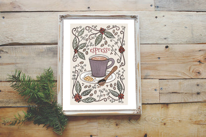 Espresso Print - A5 - A4 - A3 Dark Roast Espresso Coffee Shop Illustration Print - Autumn Winter Hot Drink Poster Coffee Beans Decor Art