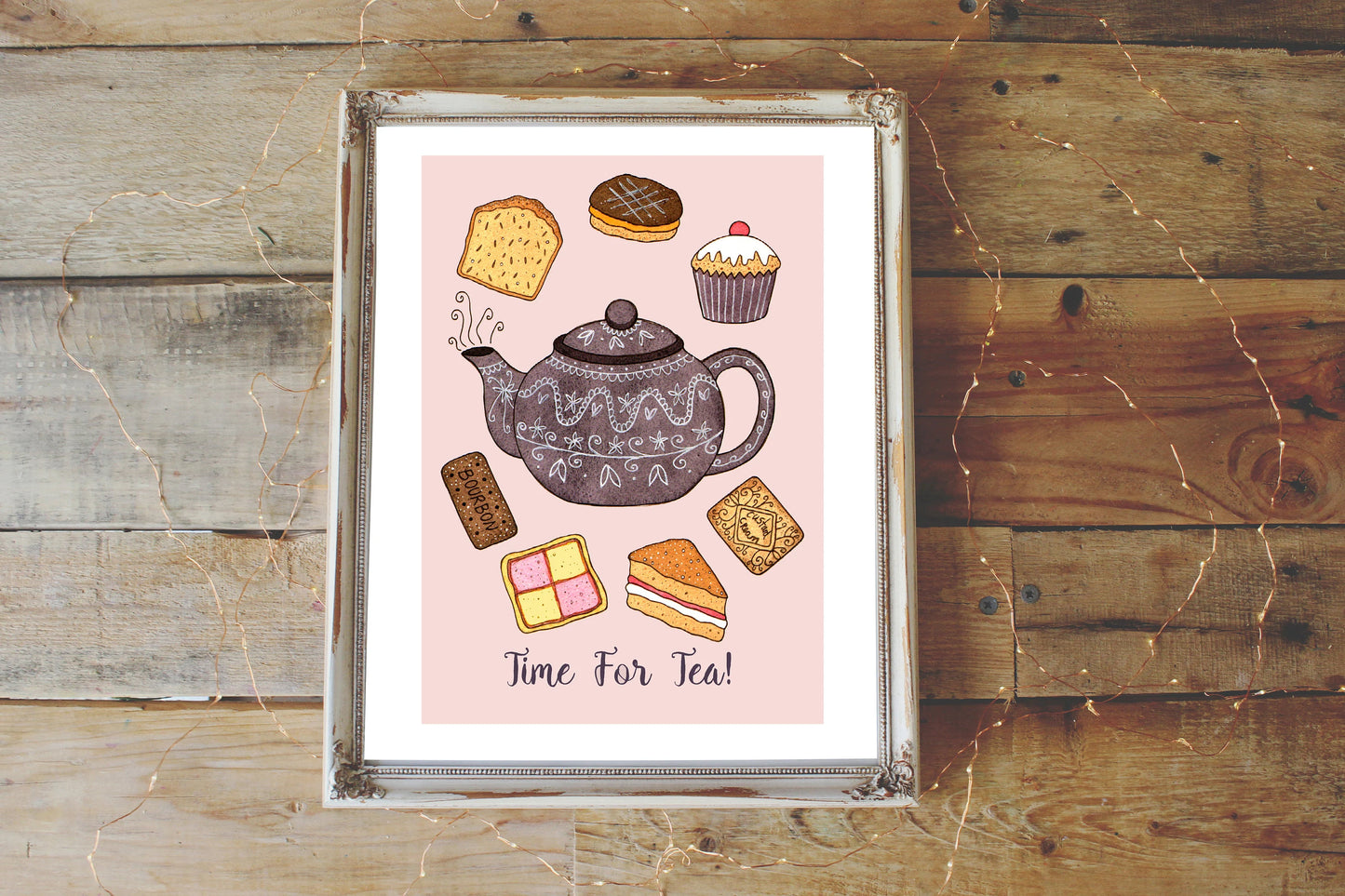 Time For Tea! Print - A5 - A4 - A3 Vintage Teapot & Cakes Illustration Print - Afternoon High Tea Baking Kitchen Wall Art - Mothers Day Gift