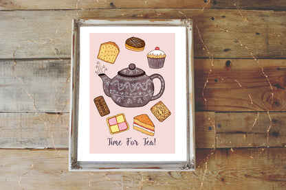 Time For Tea! Print - A5 - A4 - A3 Vintage Teapot & Cakes Illustration Print - Afternoon High Tea Baking Kitchen Wall Art - Mothers Day Gift