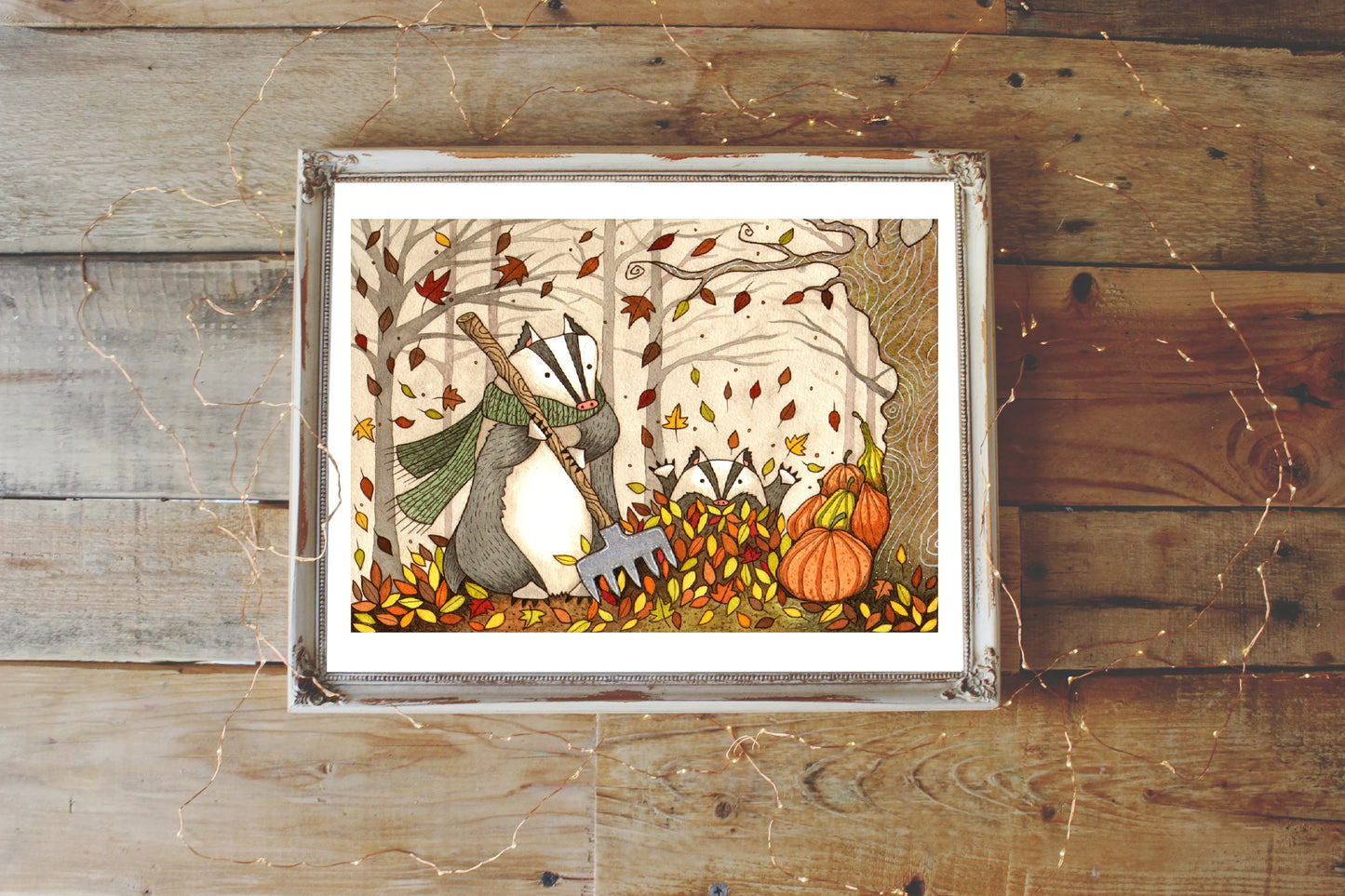 Badger Print - 'Pumpkins At Dusk' Watercolour Badgers A5 - A4 - A3 Illustration Art Print - Autumn Fall Whimsical Woodland Forest Decor